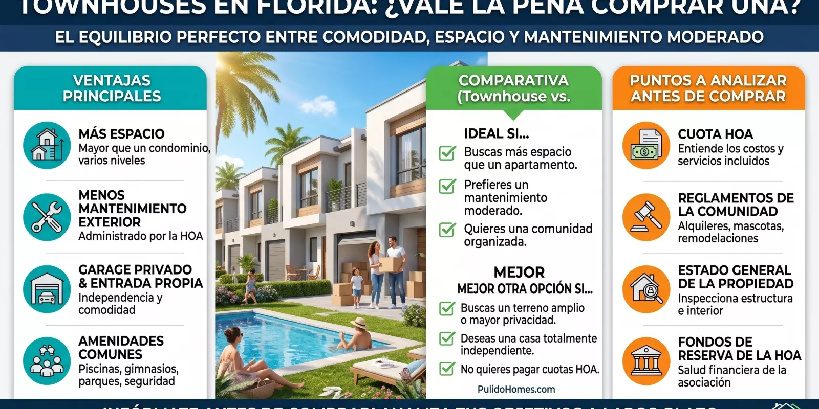 ¿Qué es un condominio en Miami? Ventajas y desventajas Si estás pensando en comprar una propiedad en Miami, es muy probable que uno de los primeros términos que encuentres sea "condominio". De hecho, una gran parte de las propiedades disponibles para compradores nacionales e internacionales pertenecen a esta categoría. Pero ¿qué significa realmente comprar un condominio? ¿Y en qué se diferencia de una casa? Comprender estas diferencias puede ayudarte a tomar una mejor decisión según tu presupuesto, estilo de vida y objetivos de inversión. ¿Qué es un condominio? Un condominio es una propiedad individual dentro de un edificio o comunidad donde cada propietario posee su unidad privada y comparte la propiedad y el mantenimiento de las áreas comunes con los demás residentes. Estas áreas pueden incluir: Piscinas. Gimnasios. Salones sociales. Jardines. Ascensores. Estacionamientos comunes. Seguridad. El mantenimiento de estos espacios suele financiarse mediante una cuota mensual conocida como HOA (Homeowners Association). Ventajas de comprar un condominio Entre los beneficios más comunes se encuentran: Acceso a amenidades sin necesidad de administrarlas personalmente. Menor mantenimiento exterior comparado con una casa. Seguridad en muchos edificios. Ubicaciones estratégicas cerca de zonas comerciales y financieras. Amplia oferta para distintos presupuestos. Estas características hacen que los condominios sean una opción popular tanto para quienes buscan una vivienda como para quienes desean diversificar su patrimonio. Aspectos que debes considerar Antes de comprar, conviene revisar: Valor de la cuota HOA. Qué servicios incluye. Estado financiero de la asociación. Restricciones para remodelaciones. Políticas de alquiler. Fondos de reserva para futuras reparaciones. No todos los edificios funcionan de la misma manera, por lo que es importante analizar la documentación antes de tomar una decisión. ¿Para quién puede ser una buena opción? Un condominio suele ser interesante para: Personas que buscan una segunda residencia. Profesionales con poco tiempo para mantenimiento. Compradores extranjeros. Inversionistas que prefieren propiedades con servicios integrados. Comparativa rápida Un condominio puede ser ideal si… Quizá otra opción sea mejor si… Prefieres poco mantenimiento. Quieres un jardín privado. Buscas amenidades como piscina o gimnasio. Deseas modificar libremente la propiedad. Te interesa una ubicación urbana. Buscas mayor privacidad y espacio exterior. Preguntas frecuentes ¿Todos los condominios cobran HOA? Generalmente sí, aunque el valor y los servicios incluidos pueden variar entre edificios. ¿Puedo alquilar un condominio? Dependerá del reglamento de cada asociación de propietarios. Algunos edificios permiten alquileres de corto o largo plazo, mientras que otros establecen restricciones. Conclusión Comprar un condominio en Miami puede ser una excelente alternativa para quienes buscan comodidad, servicios y una ubicación estratégica. Sin embargo, antes de decidirte, es fundamental revisar las reglas del edificio, los costos asociados y verificar que el inmueble se ajuste a tus objetivos personales o de inversión.